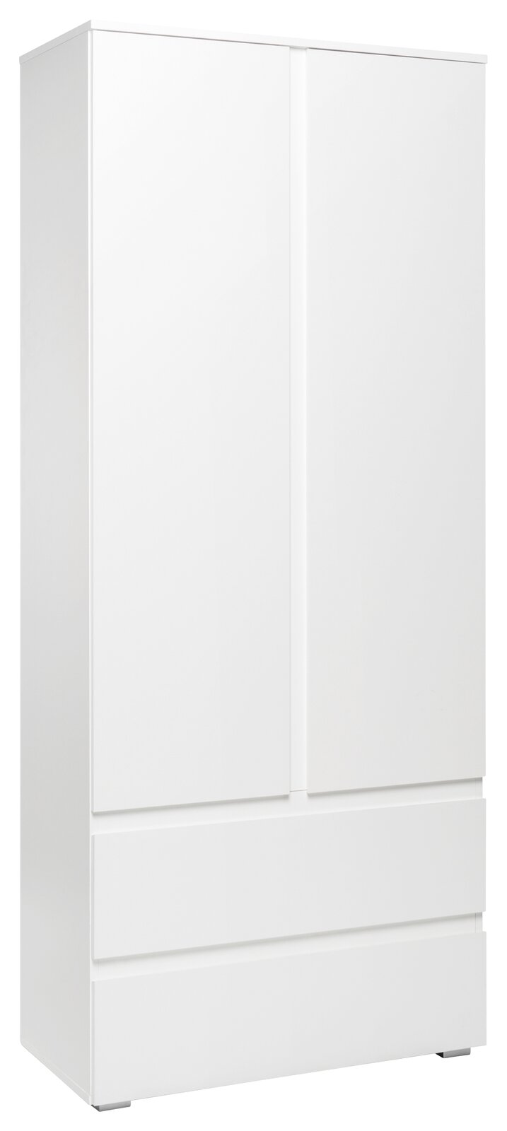 Z2 Mehrzweckschrank IMAGE Weißer Mehrzweckschrank mit zwei Türen und zwei Schubladen, seitliche Perspektive