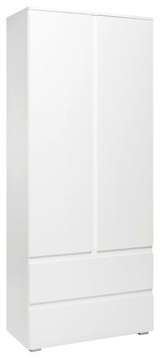 Weißer Mehrzweckschrank mit zwei Türen und zwei Schubladen, seitliche Perspektive