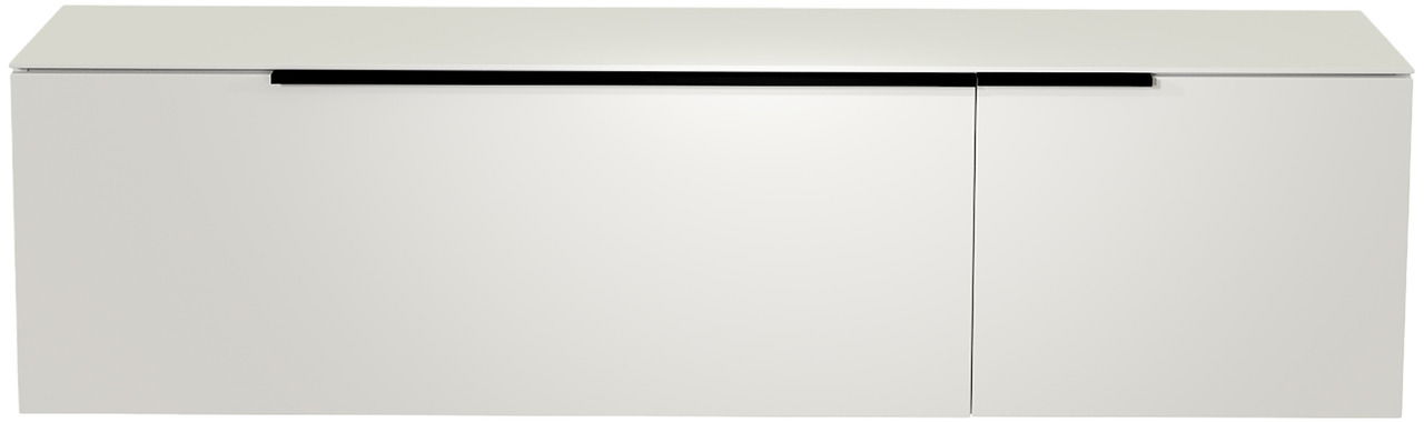 Frontansicht eines modernen weißen Hänge-Lowboards mit schlichtem Design und schwarzem Griff.