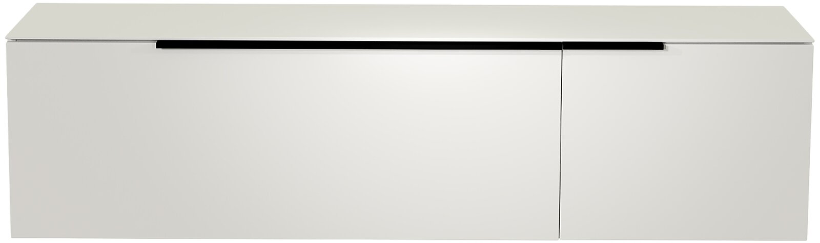 Frontansicht eines modernen weißen Hänge-Lowboards mit schlichtem Design und schwarzem Griff.