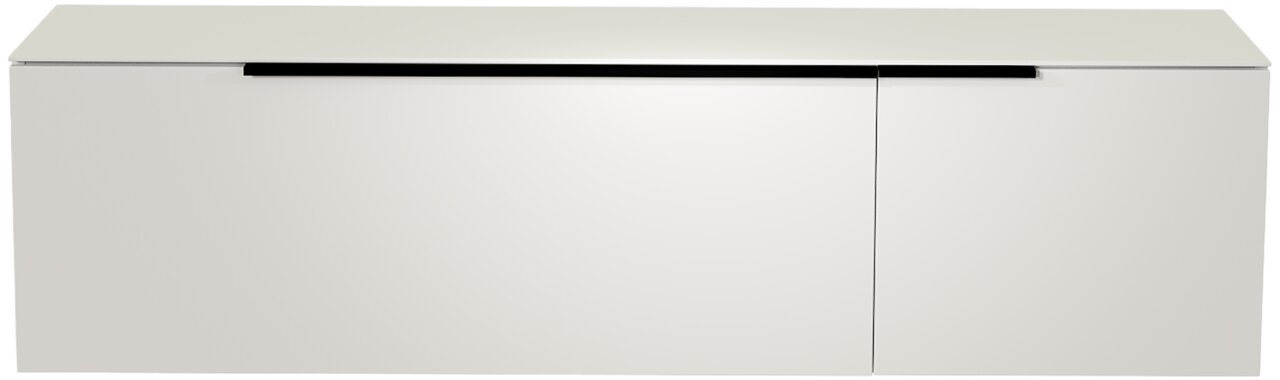 Frontansicht eines modernen weißen Hänge-Lowboards mit schlichtem Design und schwarzem Griff.