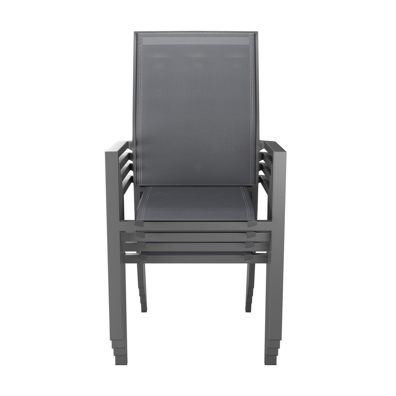 Stapelsessel in grauer Farbe, frontal fotografiert