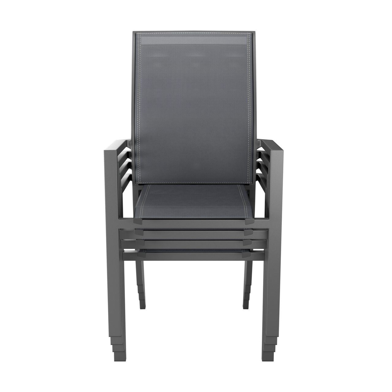 Stapelsessel in grauer Farbe, frontal fotografiert