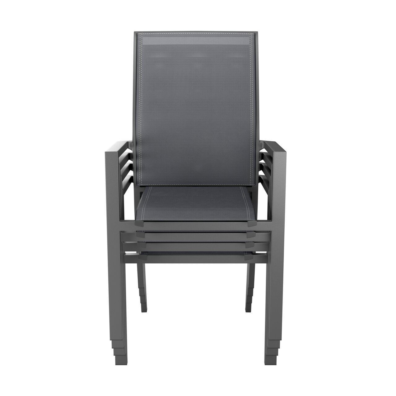 Stapelsessel in grauer Farbe, frontal fotografiert