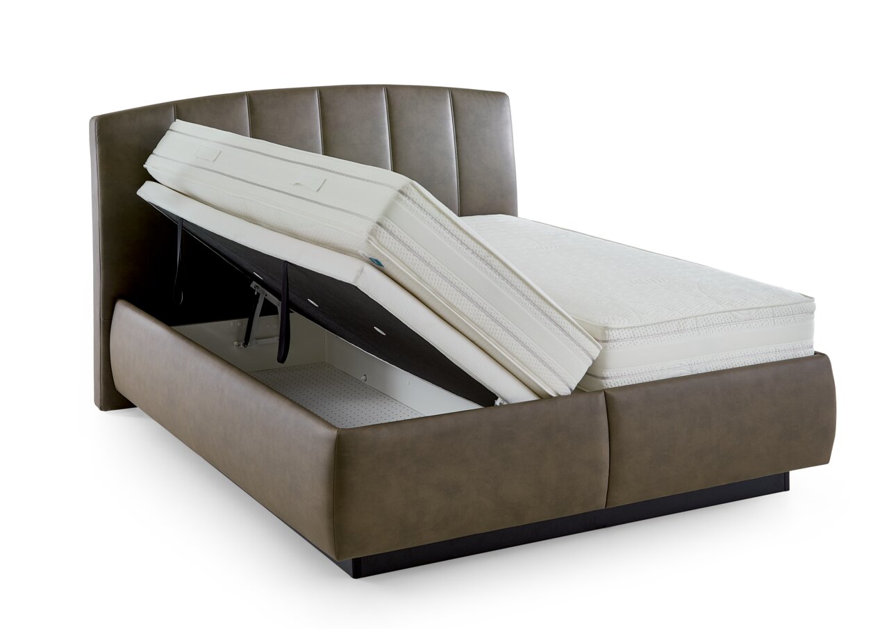 Polsterbett mit hochgeklappter Matratze und Stauraum, seitliche Perspektive