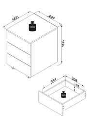 Technische Maßzeichnung eines mobilen Rollcontainers mit zwei Schubladen, Maße ca. 450 × 390 × 550 mm, dargestellt in schräger Perspektive von oben vorne; Schublade mit Innenmaßen und Belastungsangaben (10 kg oben, 3 kg pro Schublade)