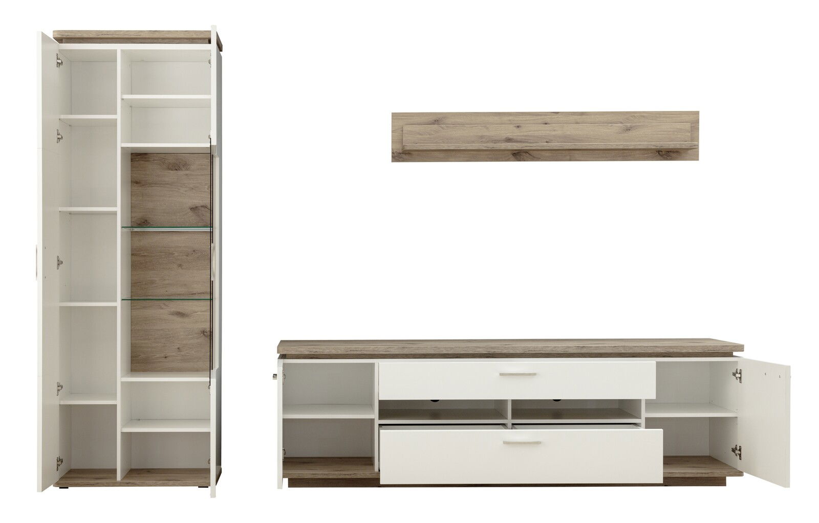 Wandkombination in Holzoptik mit weißem Korpus, bestehend aus einem hohen Schrank, einem TV-Board und einem Wandregal. Frontansicht.