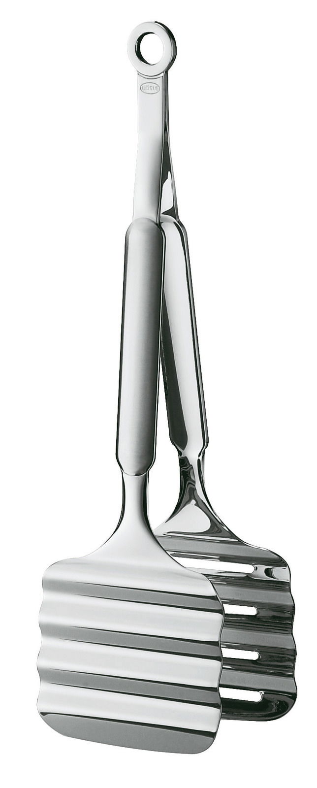 Silberne Fisch- und Spargelzange aus Edelstahl, seitliche Perspektive