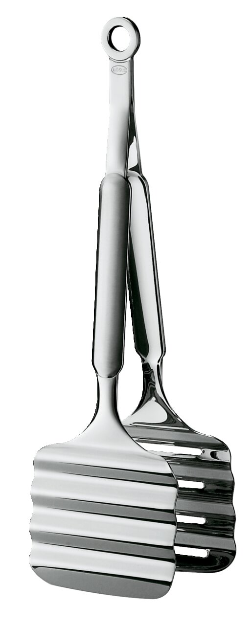 Silberne Fisch- und Spargelzange aus Edelstahl, seitliche Perspektive