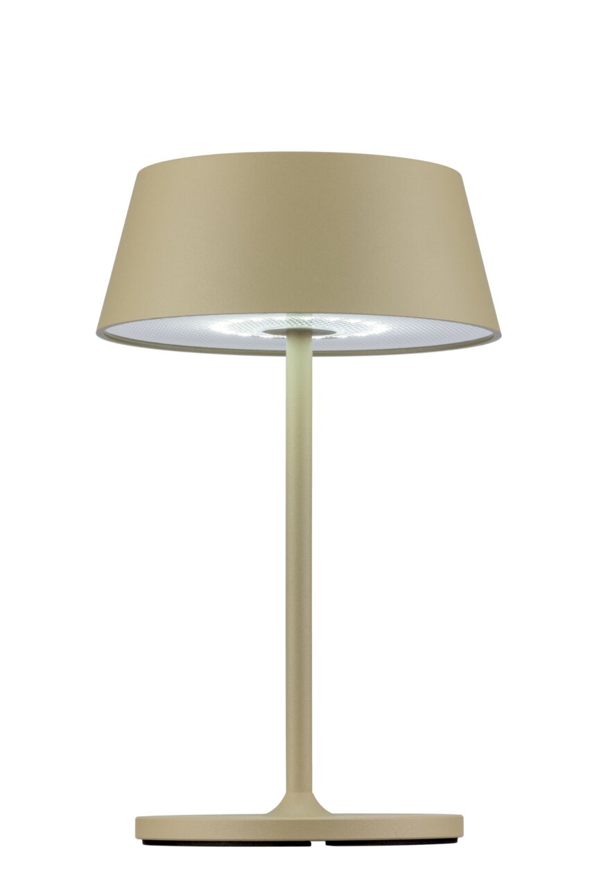 Moderne Akku-Tischleuchte in Beige, frontal betrachtet, mit schlichtem Design und rundem Lampenschirm.