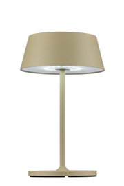 Moderne Akku-Tischleuchte in Beige, frontal betrachtet, mit schlichtem Design und rundem Lampenschirm.