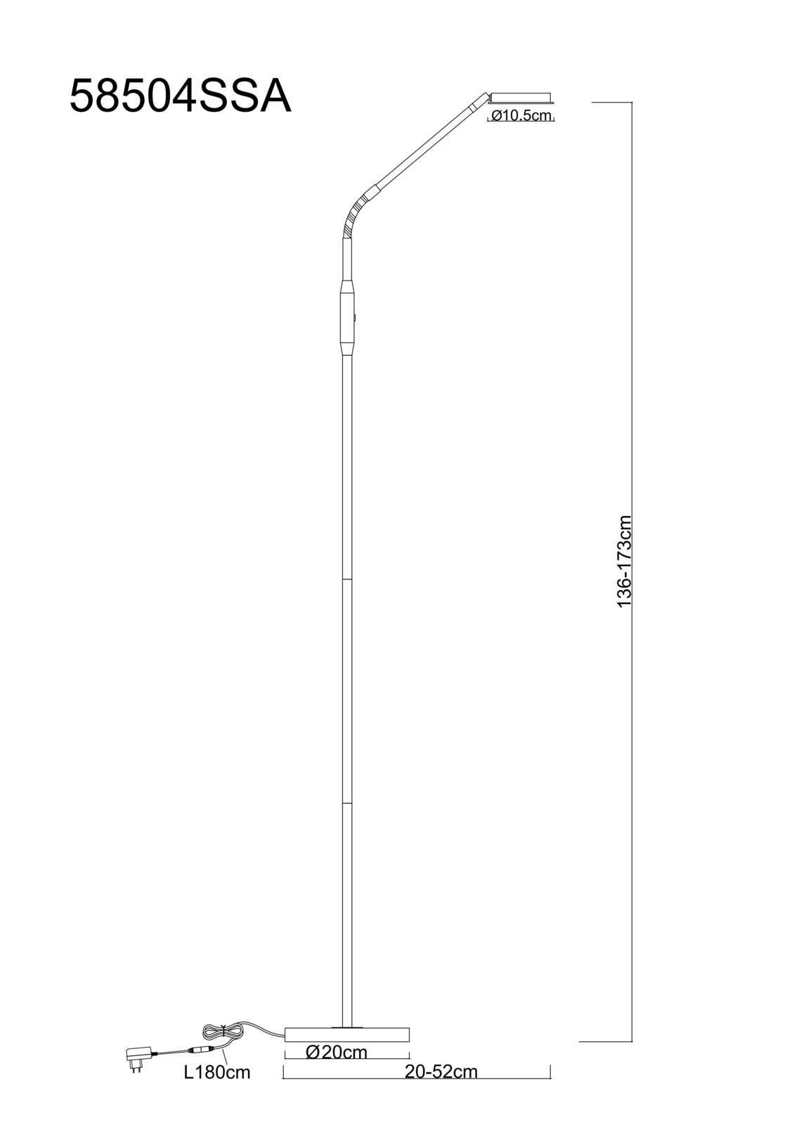 Technische Seitenansicht einer höhenverstellbaren Stehleuchte mit rundem Standfuß (Ø 20 cm), Lampenkopf (Ø 10,5 cm) und 180 cm Kabel; Höhe 136–173 cm, Ausladung 20–52 cm.