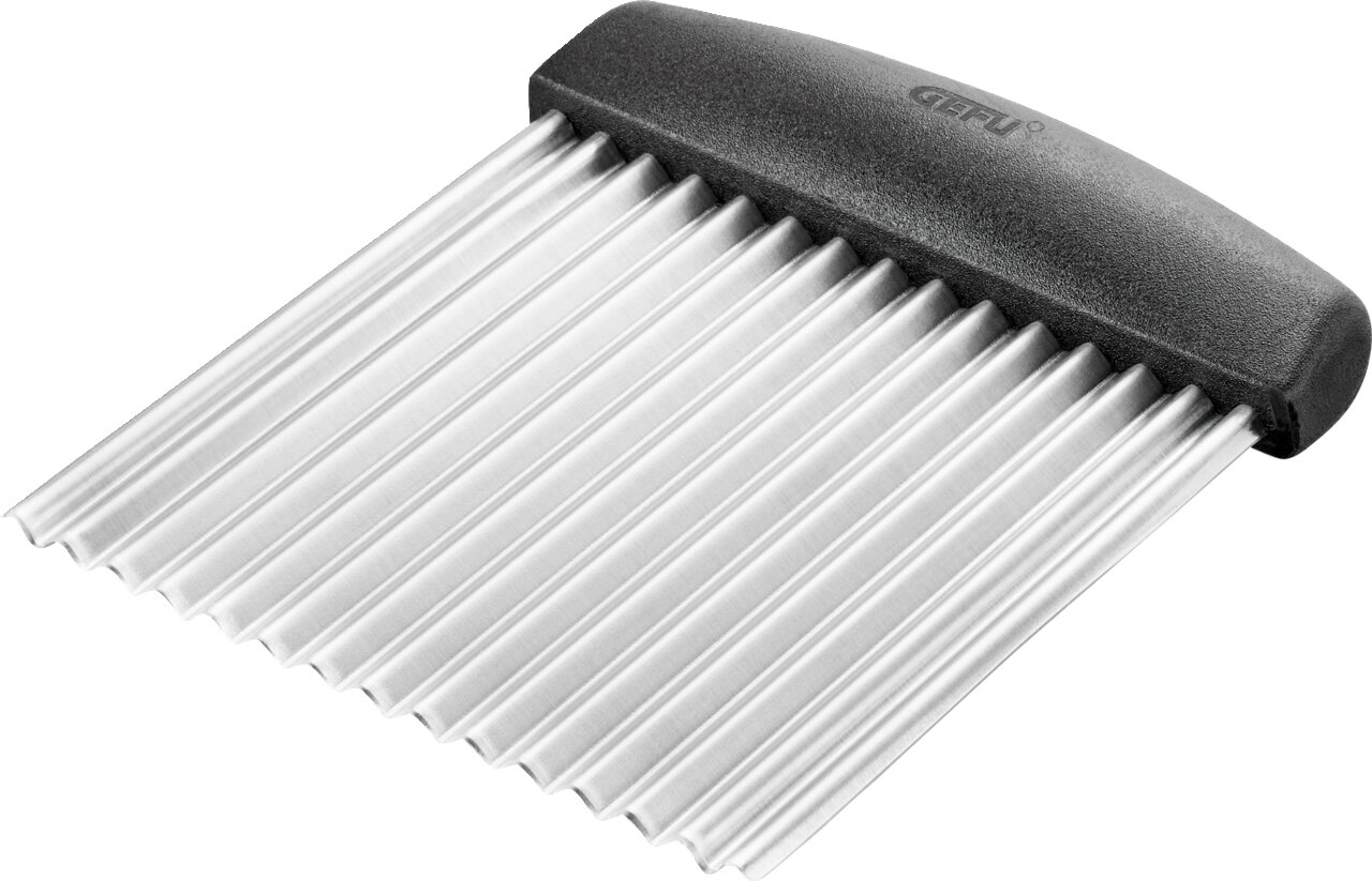 Wellenschneider mit schwarzem Griff und Edelstahlklinge, perspektivisch von oben fotografiert