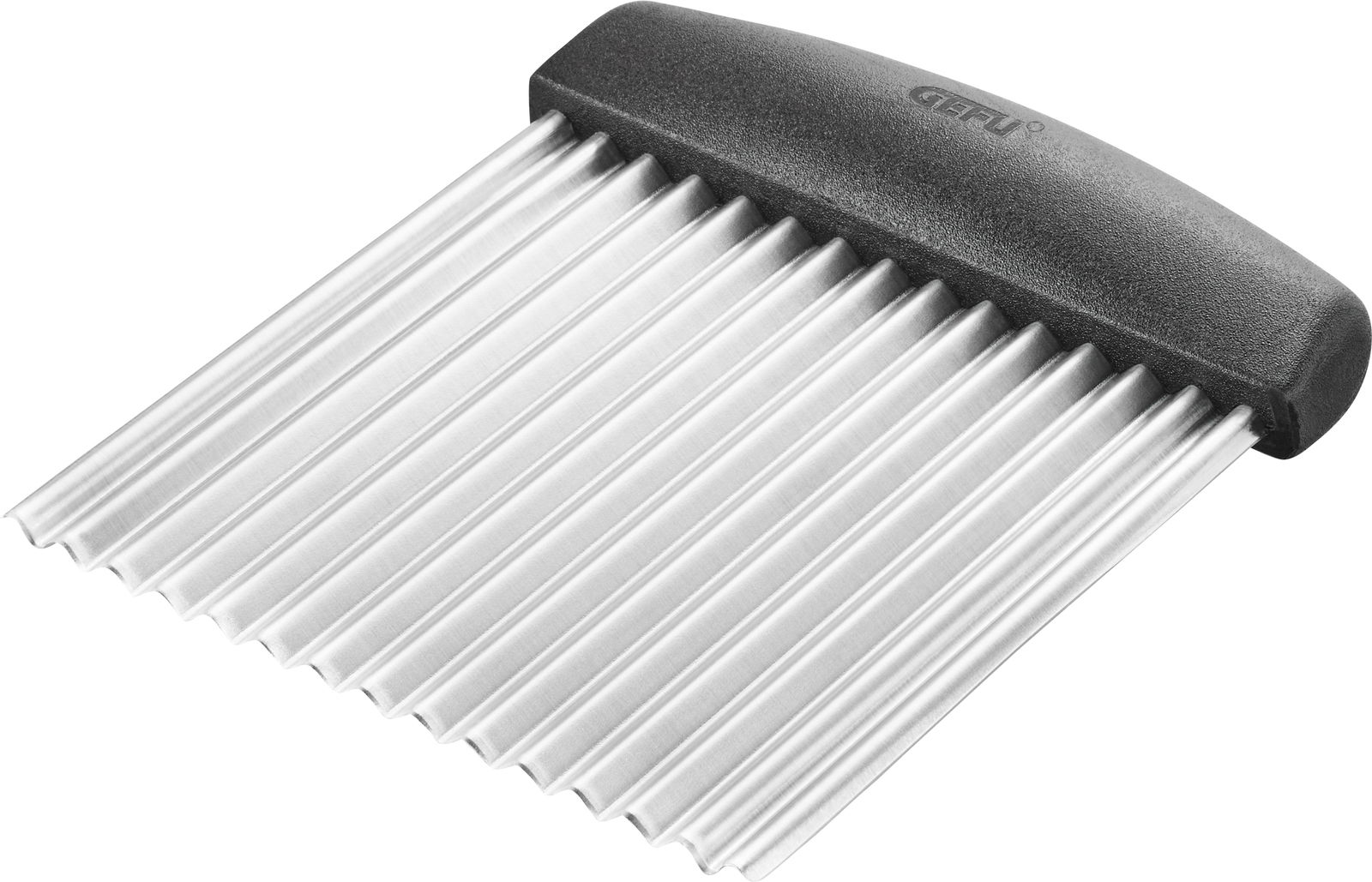 Wellenschneider mit schwarzem Griff und Edelstahlklinge, perspektivisch von oben fotografiert