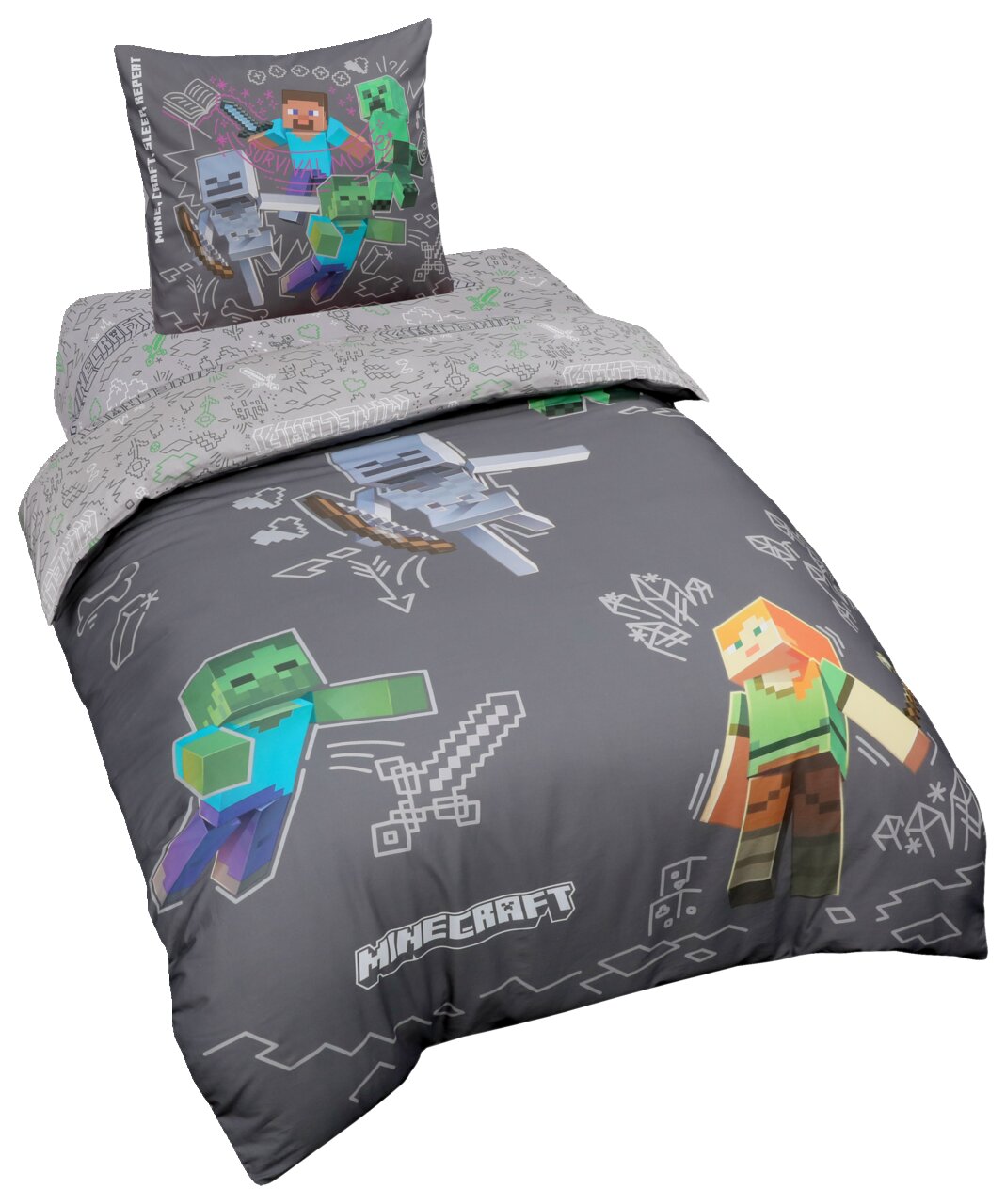 Minecraft Bettwäsche-Set in Grau mit großem Charakter-Print (Zombie, Skelett, Alex/Steve, Creeper) und Minecraft-Logo, Bett schräg von vorne/oben fotografiert