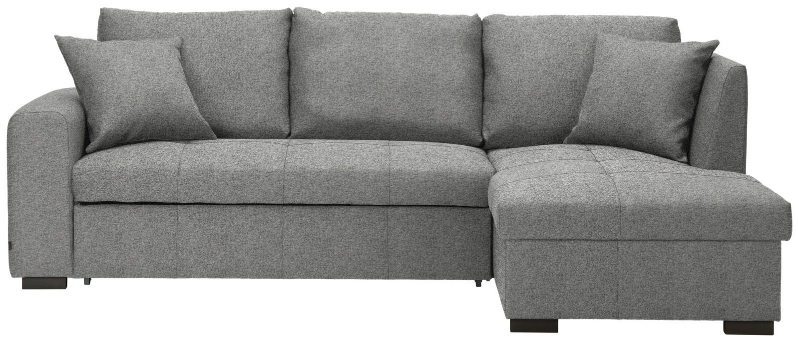 Graues Ecksofa mit Ottomane auf der rechten Seite, frontal betrachtet.