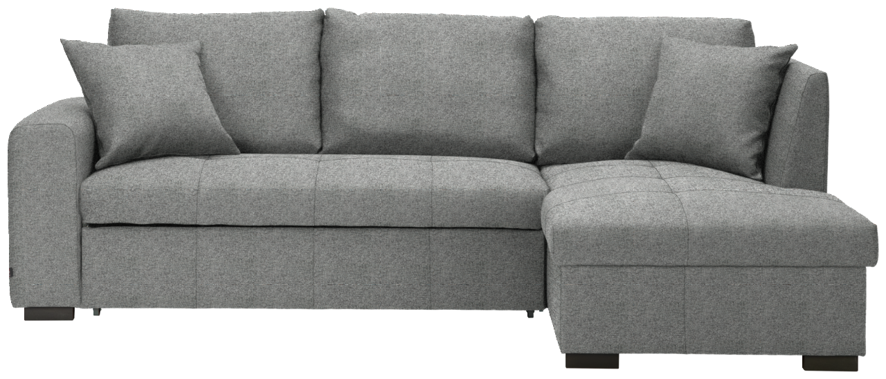 Graues Ecksofa mit Ottomane auf der rechten Seite, frontal betrachtet.