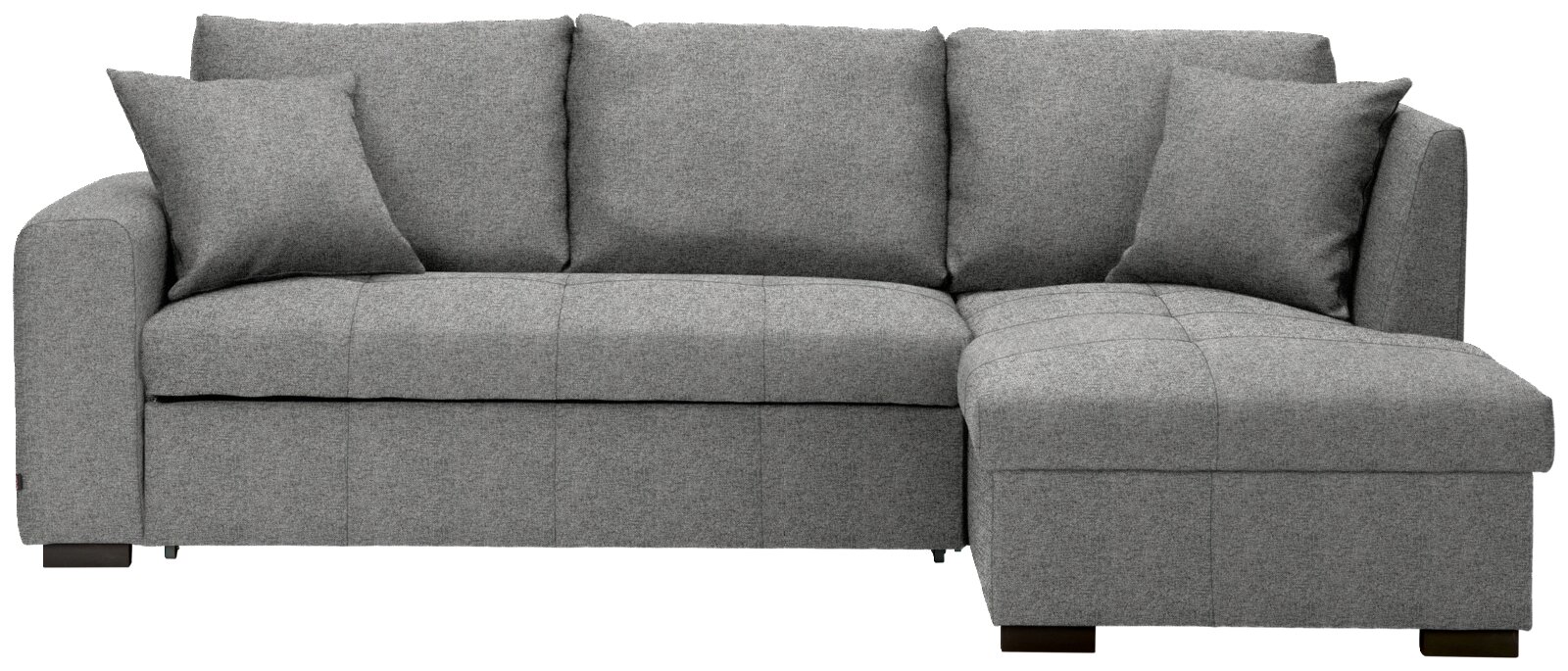 Graues Ecksofa mit Ottomane auf der rechten Seite, frontal betrachtet.