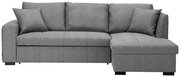 Graues Ecksofa mit Ottomane auf der rechten Seite, frontal betrachtet.