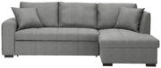 Graues Ecksofa mit Ottomane auf der rechten Seite, frontal betrachtet.