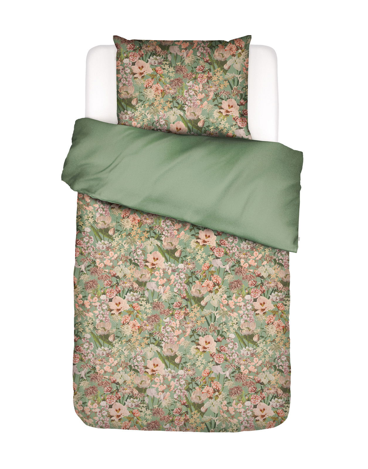 Bettwäsche-Set mit floralem Muster in Grün- und Pastelltönen, Draufsicht