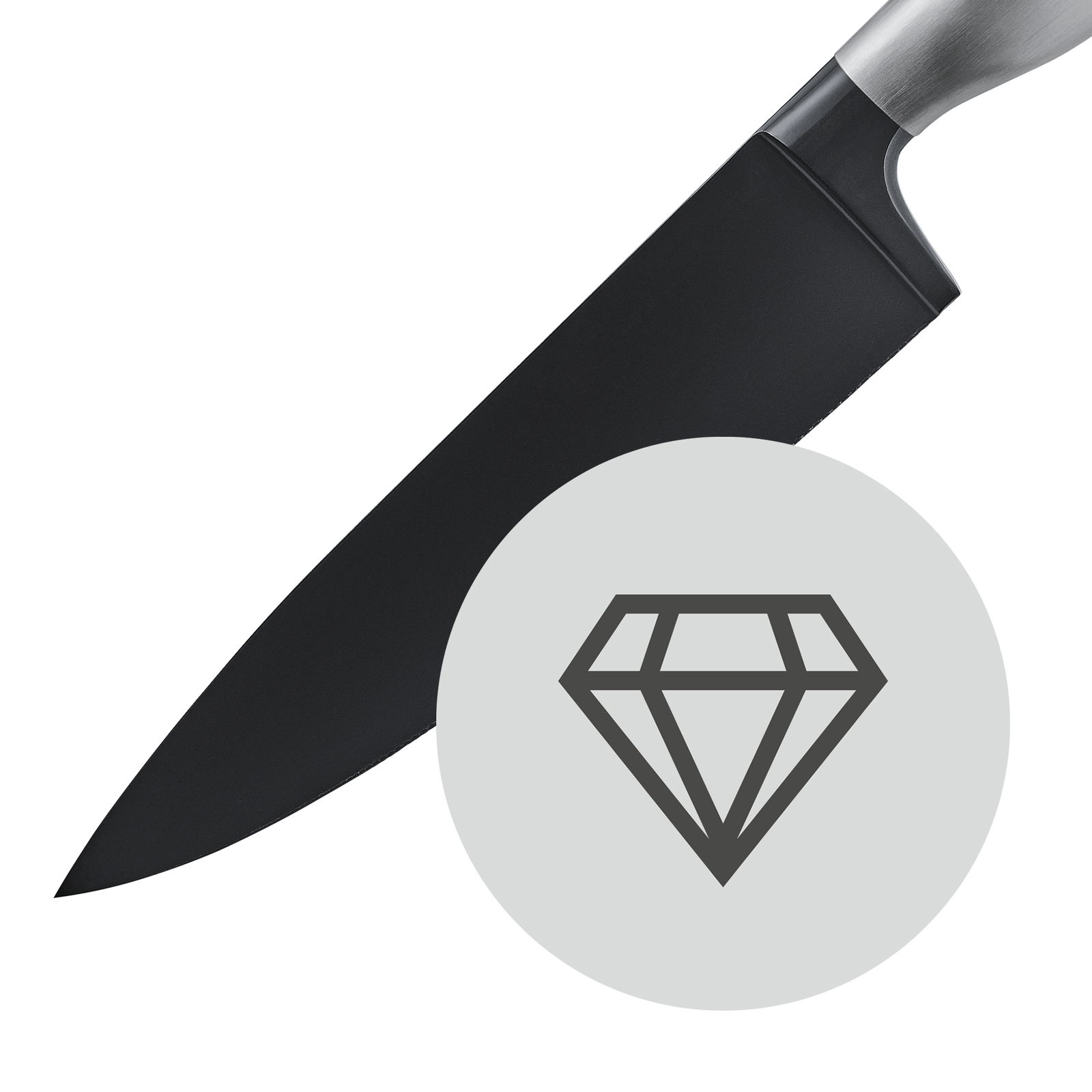 Schwarzes Messer aus dem Messerset Ultimate Black, seitliche Perspektive mit Diamantsymbol im Vordergrund.