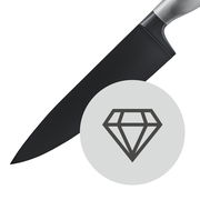 Schwarzes Messer aus dem Messerset Ultimate Black, seitliche Perspektive mit Diamantsymbol im Vordergrund.