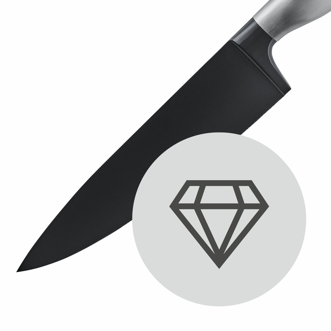 Schwarzes Messer aus dem Messerset Ultimate Black, seitliche Perspektive mit Diamantsymbol im Vordergrund.