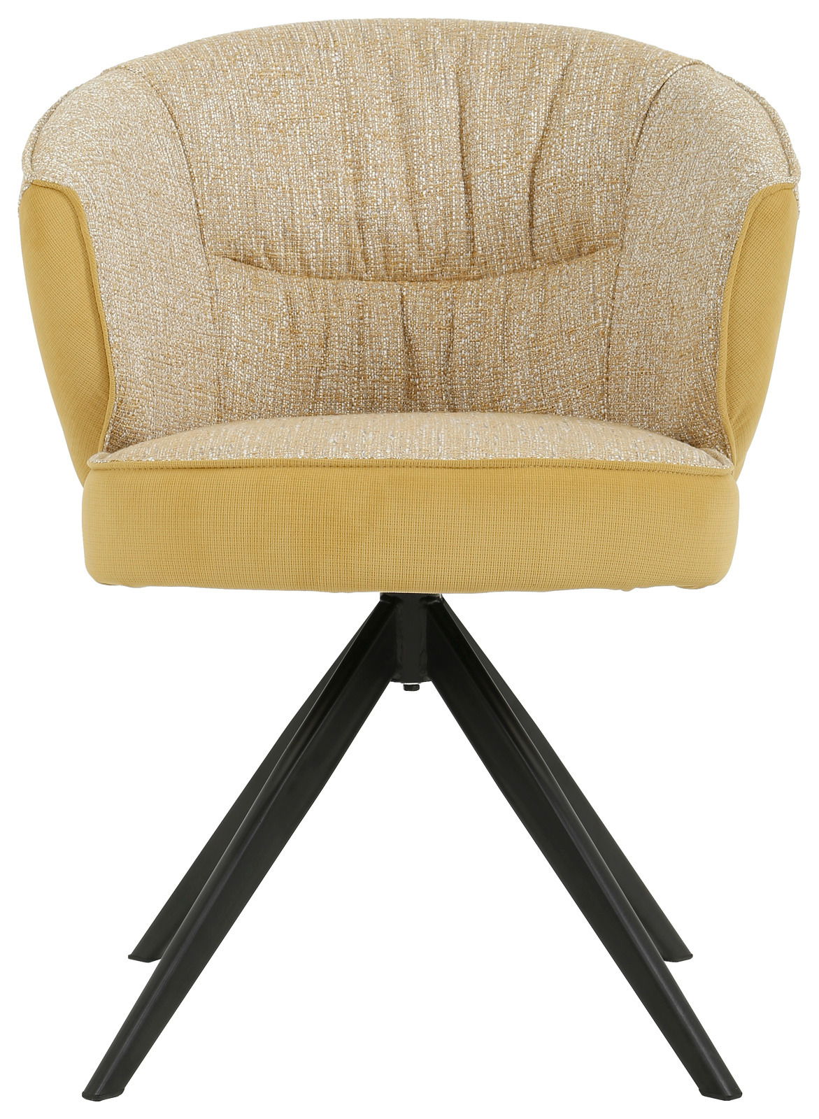 Frontansicht eines gelben Armlehnstuhls mit schwarzem Metallgestell und gepolsterter Rückenlehne.