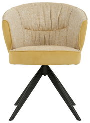 Frontansicht eines gelben Armlehnstuhls mit schwarzem Metallgestell und gepolsterter Rückenlehne.