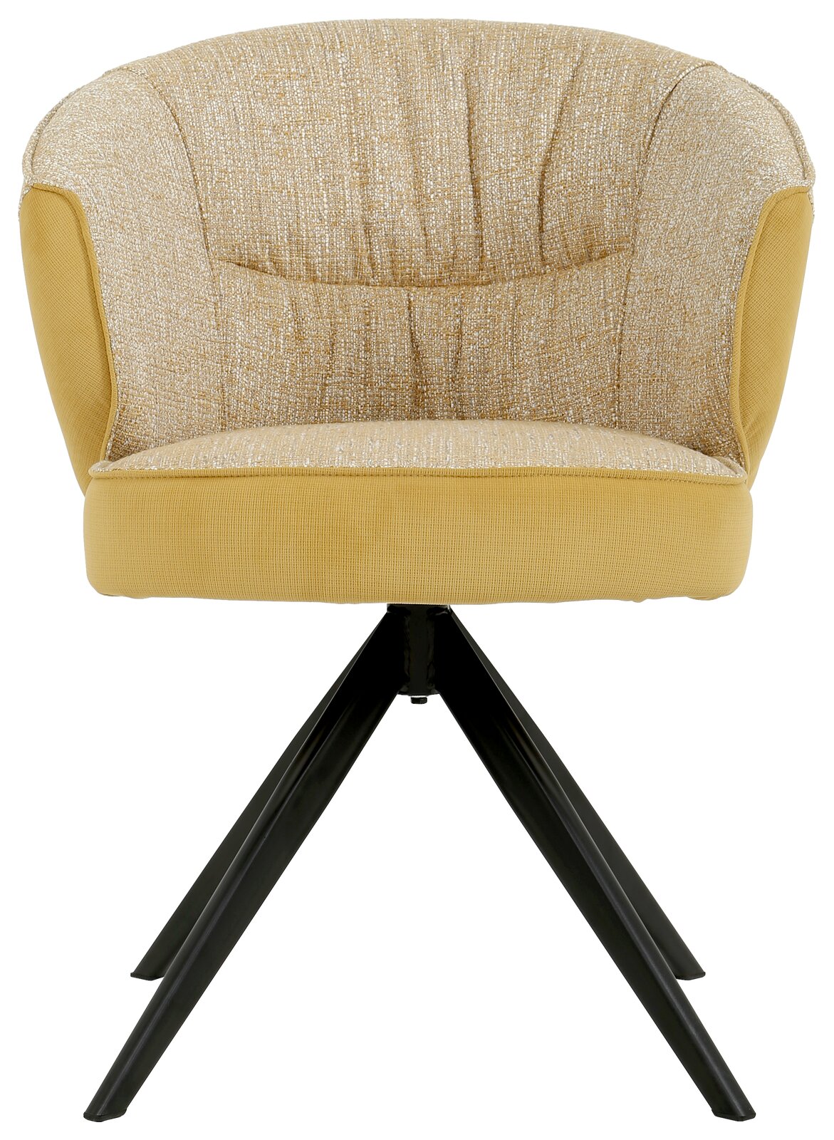 Frontansicht eines gelben Armlehnstuhls mit schwarzem Metallgestell und gepolsterter Rückenlehne.