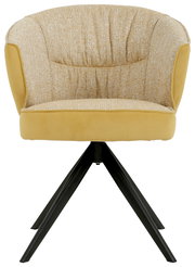 Frontansicht eines gelben Armlehnstuhls mit schwarzem Metallgestell und gepolsterter Rückenlehne.