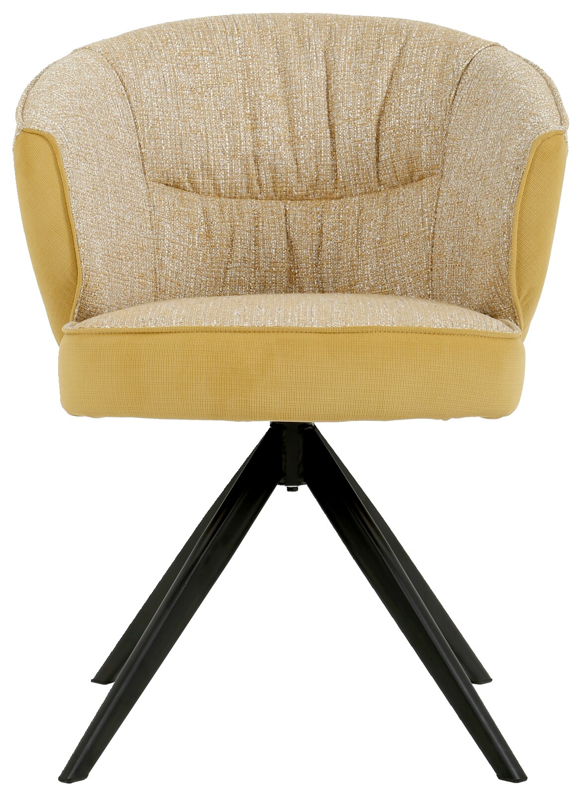 Vooraanzicht van een gele fauteuil met een zwart metalen frame en een gestoffeerde rugleuning.