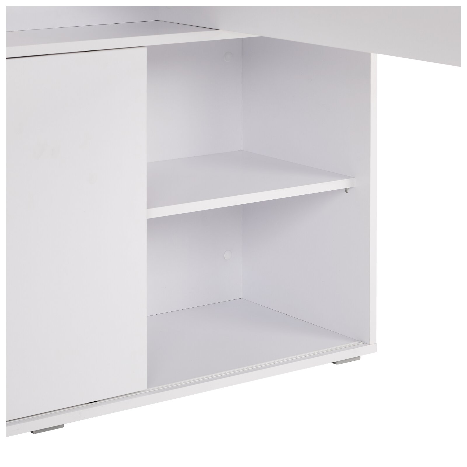 Witte kast met open opbergvak en verstelbare plank, detail van de binnenkant, gezien schuin van voren