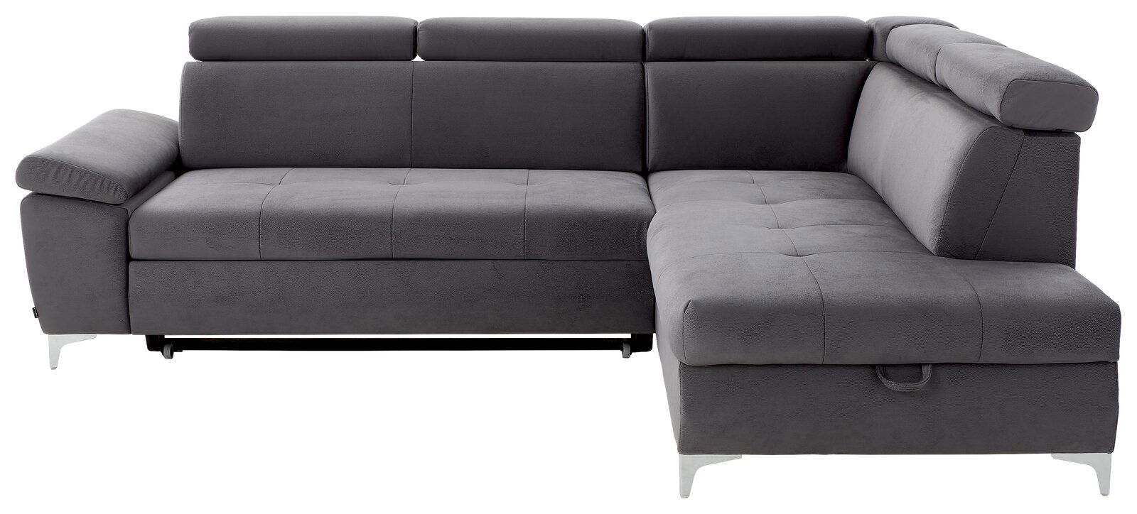 Graues Ecksofa mit verstellbaren Kopfstützen, Ansicht von vorne.