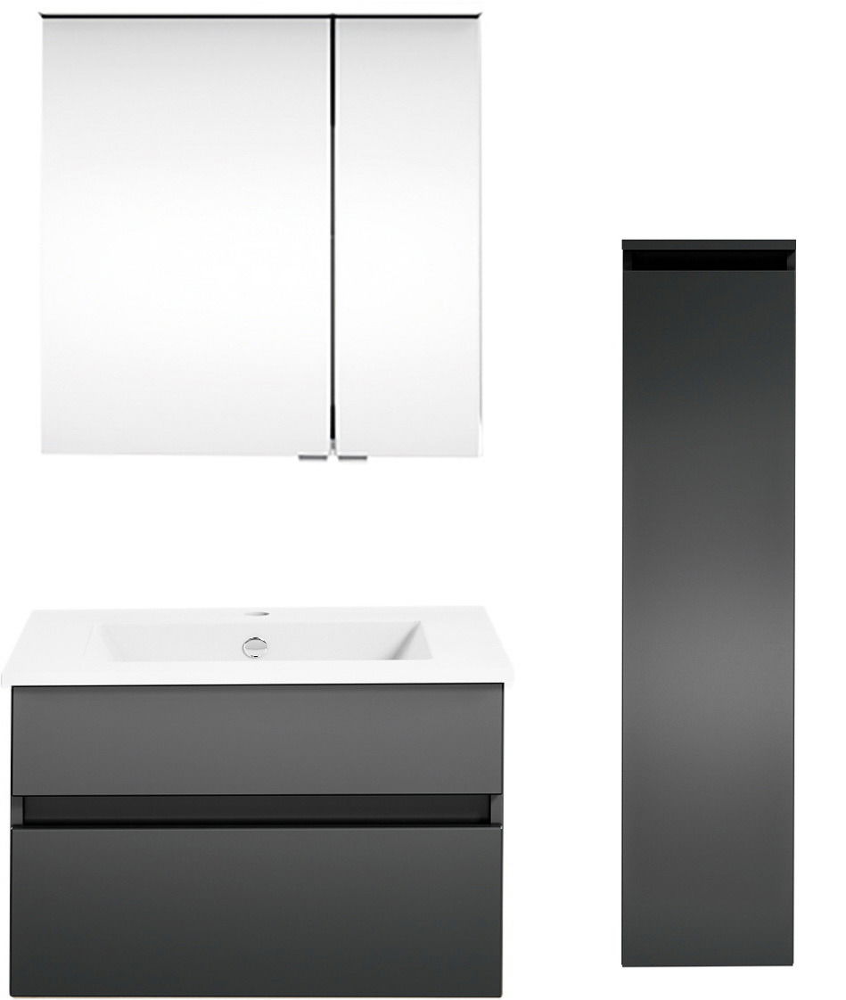 Moderne Badkombination mit Spiegelschrank, Waschbeckenunterschrank und hohem Seitenschrank in grauer Frontansicht.