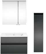 Moderne Badkombination mit Spiegelschrank, Waschbeckenunterschrank und hohem Seitenschrank in grauer Frontansicht.