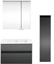 Moderne Badkombination mit Spiegelschrank, Waschbeckenunterschrank und hohem Seitenschrank in grauer Frontansicht.