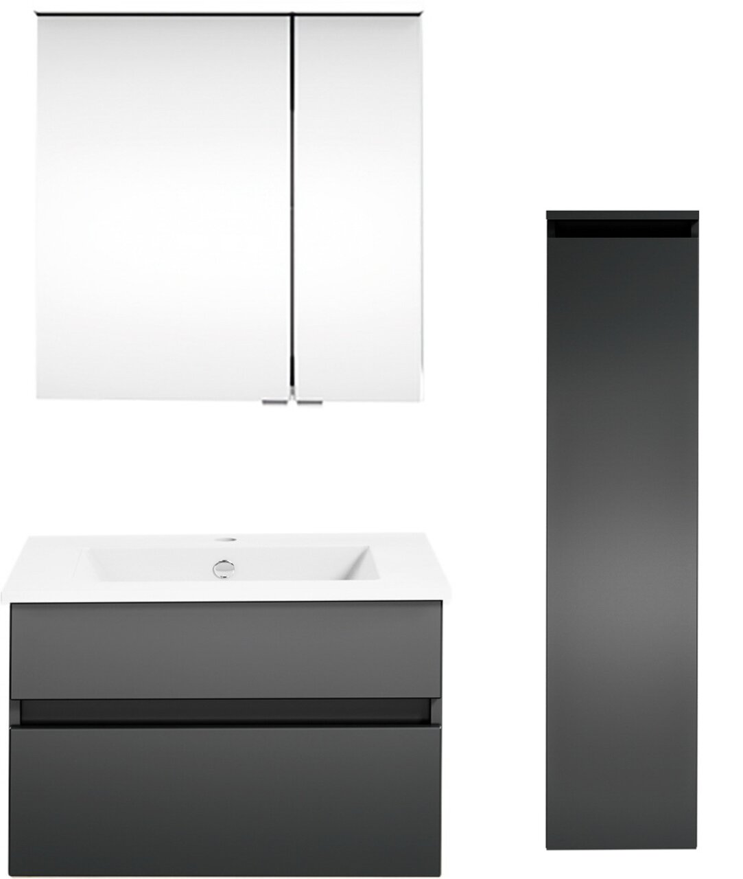 Moderne Badkombination mit Spiegelschrank, Waschbeckenunterschrank und hohem Seitenschrank in grauer Frontansicht.