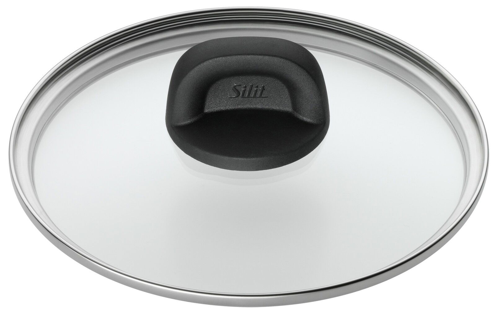 Topfdeckel aus Glas mit schwarzem Griff, Ansicht von oben