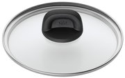 Topfdeckel aus Glas mit schwarzem Griff, Ansicht von oben