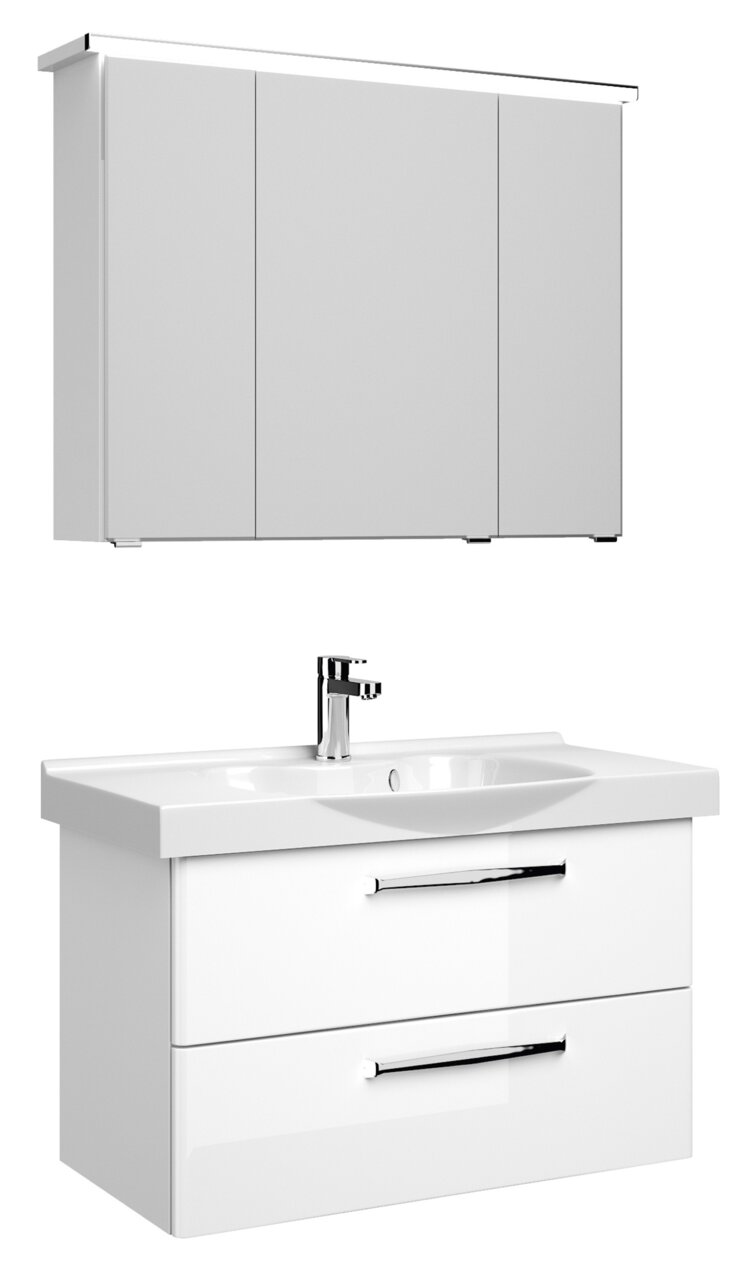 Pelipal Badblock 92cm TRENTINO Moderner weißer Badblock mit Spiegelschrank und Waschbecken, seitliche Perspektive