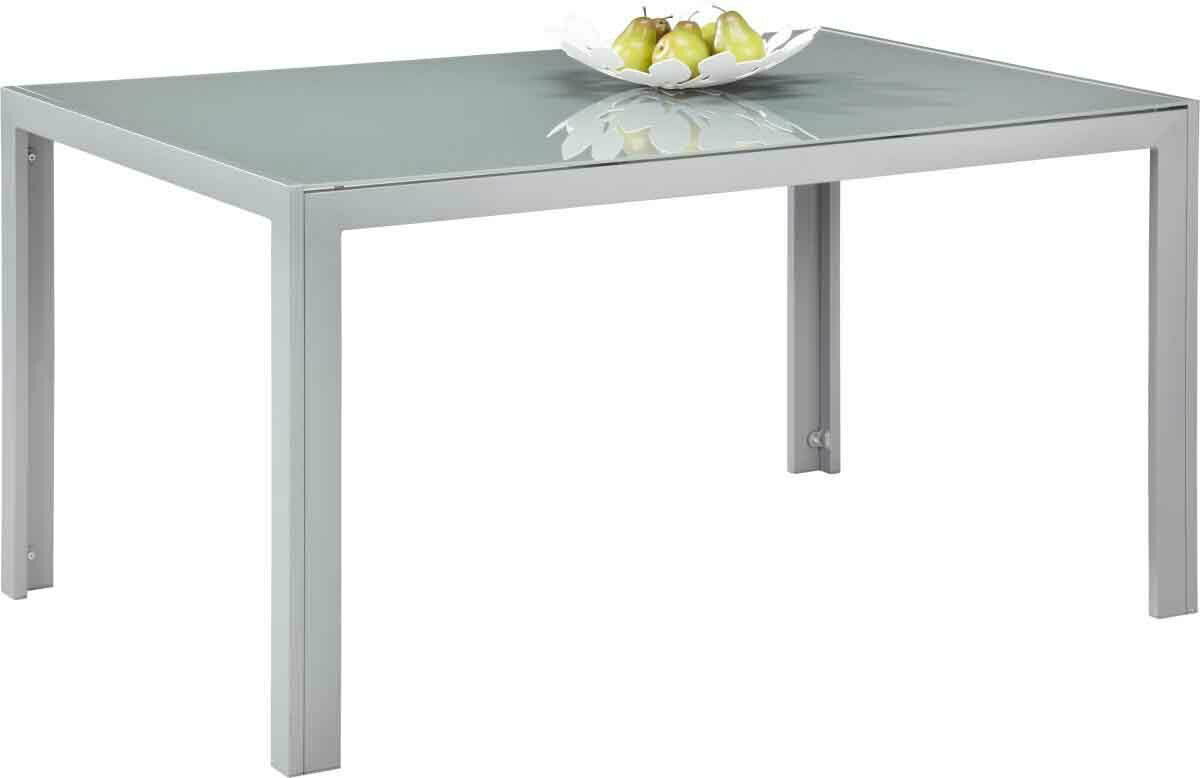 Moderner Gartentisch mit Glasplatte und Metallrahmen, seitliche Perspektive
