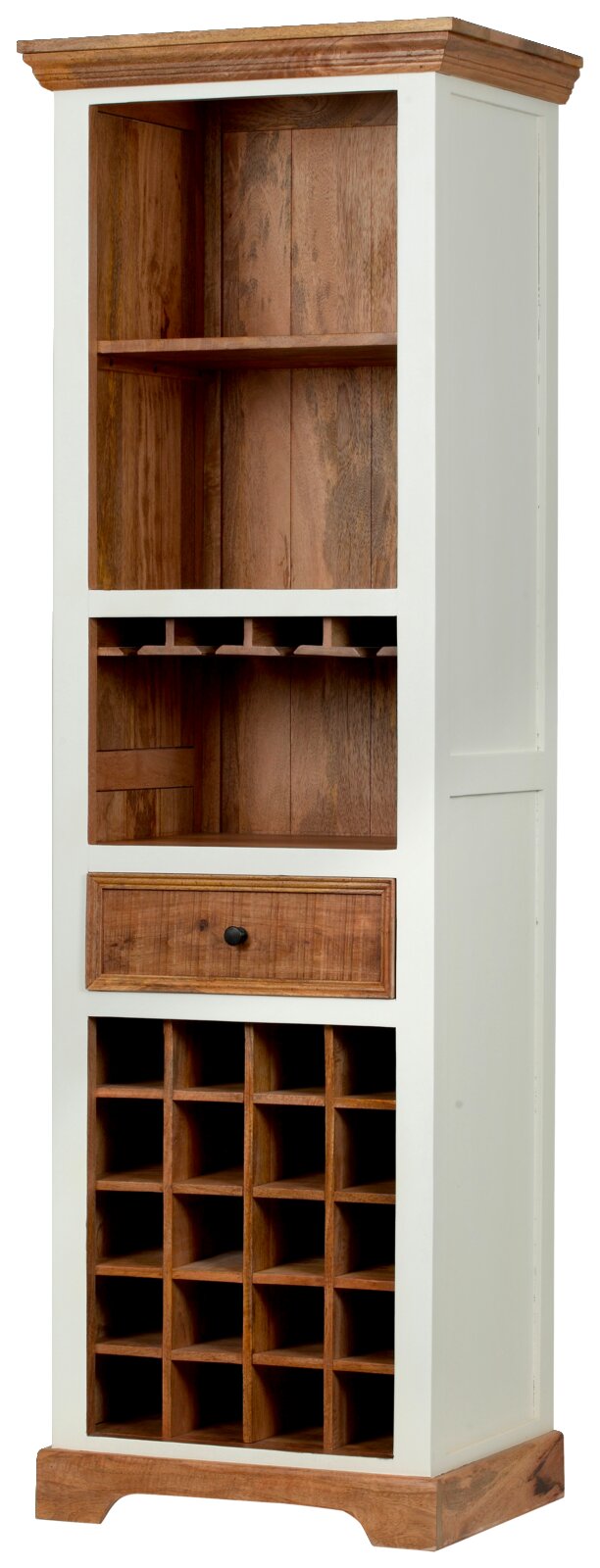 Hochformatiger Barschrank aus Holz mit weißem Korpus und naturbelassenen Holzelementen, frontal abgebildet. Der Schrank verfügt über offene Regalfächer, eine Schublade und ein Weinregal im unteren Bereich.