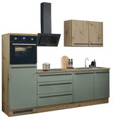 Küchenblock 260 mit Holz- und grünen Fronten, inklusive Backofen, Dunstabzugshaube, Spüle und Hängeschrank, Frontalansicht