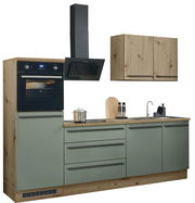 Küchenblock 260 mit Holz- und grünen Fronten, inklusive Backofen, Dunstabzugshaube, Spüle und Hängeschrank, Frontalansicht