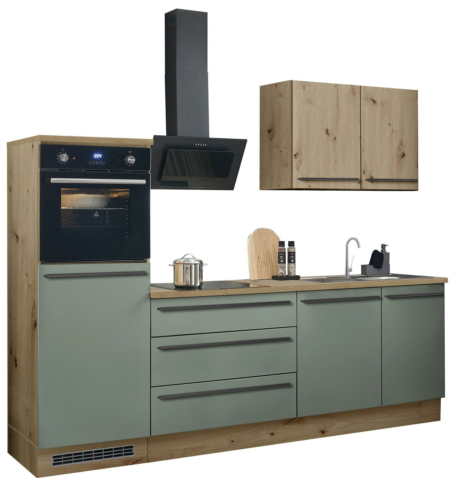 Küchenblock 260 mit Holz- und grünen Fronten, inklusive Backofen, Dunstabzugshaube, Spüle und Hängeschrank, Frontalansicht