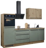 Küchenblock 260 mit Holz- und grünen Fronten, inklusive Backofen, Dunstabzugshaube, Spüle und Hängeschrank, Frontalansicht