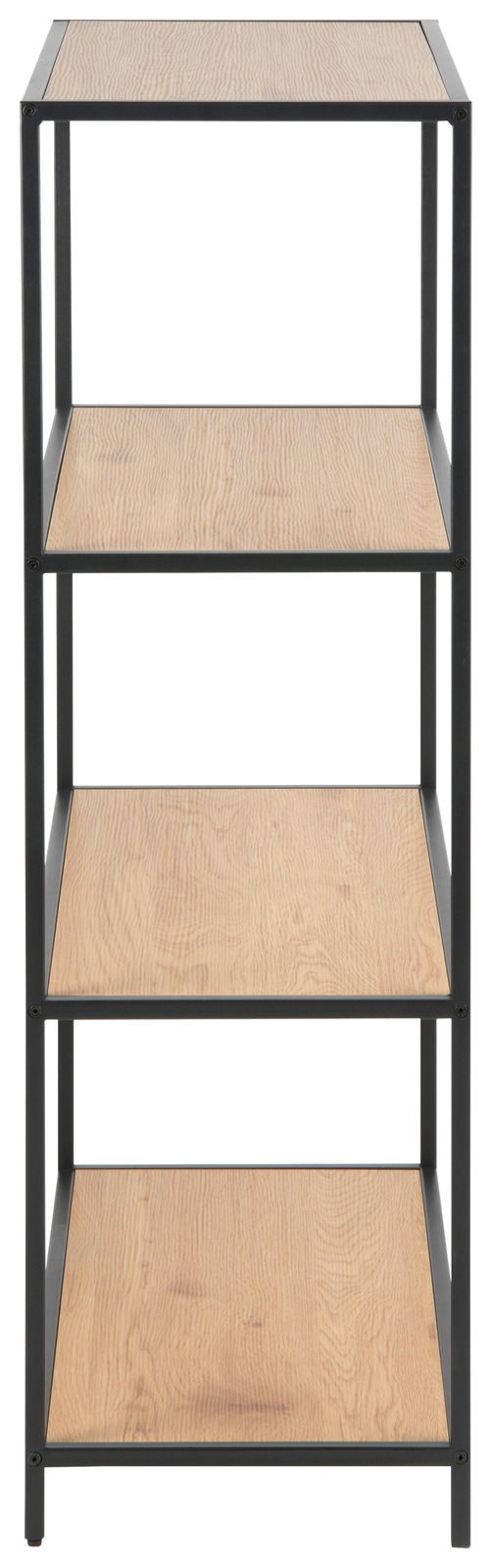 Frontale Ansicht eines Bücherregals mit vier Holzregalböden und schwarzem Metallrahmen.