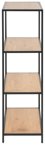 Frontale Ansicht eines Bücherregals mit vier Holzregalböden und schwarzem Metallrahmen.